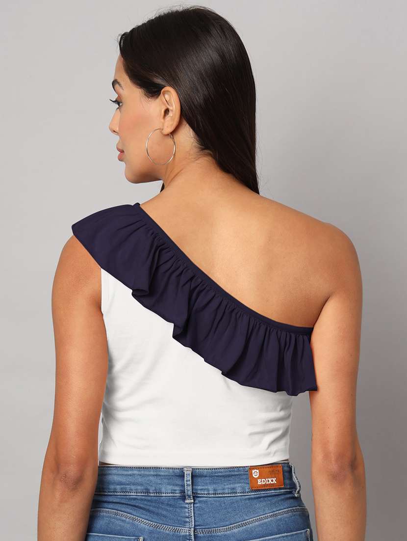 women color block single shoulder crop top - 21741232 - Standard Image - 4