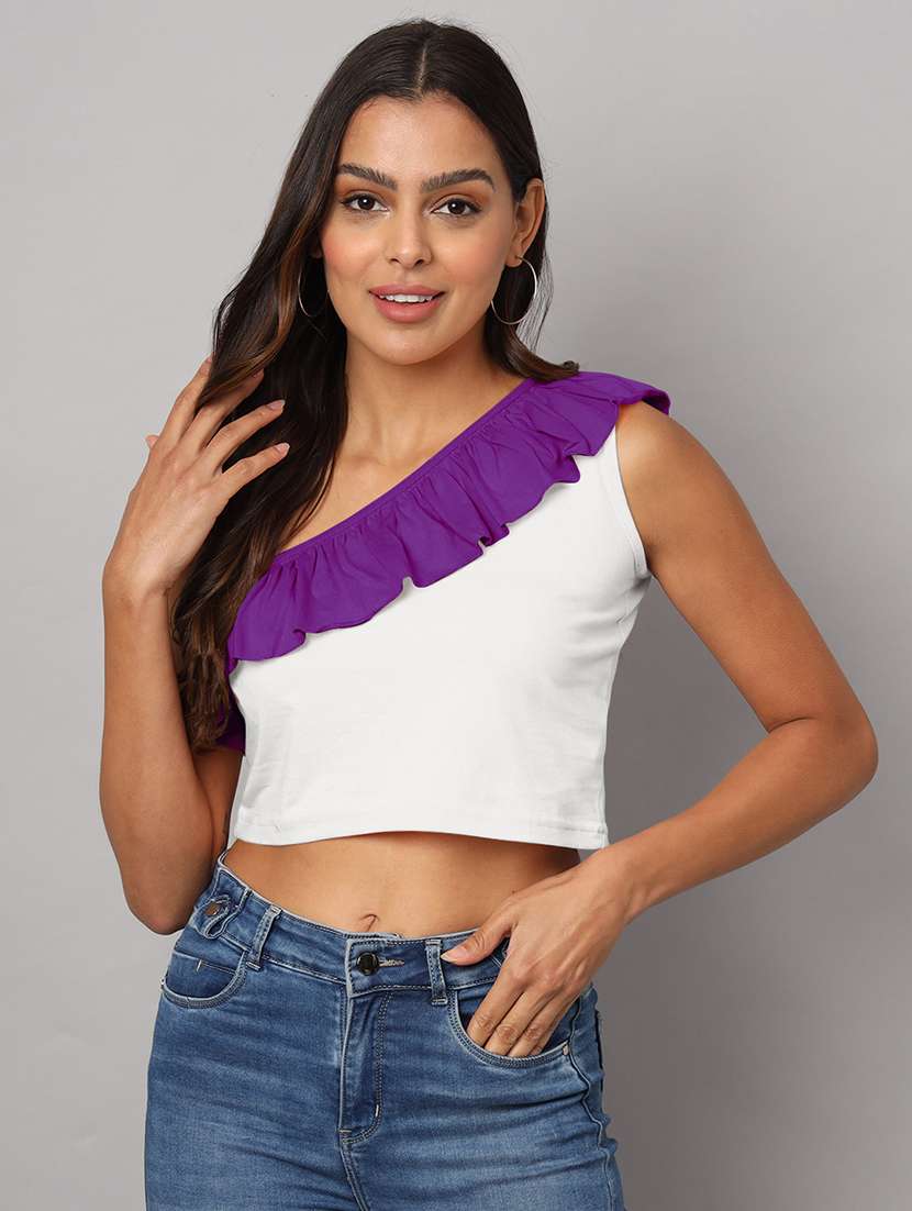 women color block single shoulder crop top