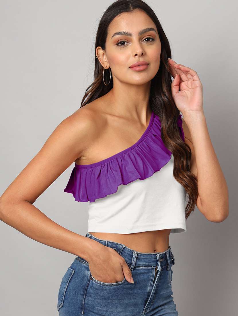 women color block single shoulder crop top - 21741233 - Standard Image - 1