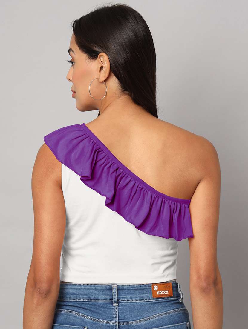 women color block single shoulder crop top - 21741233 - Standard Image - 4