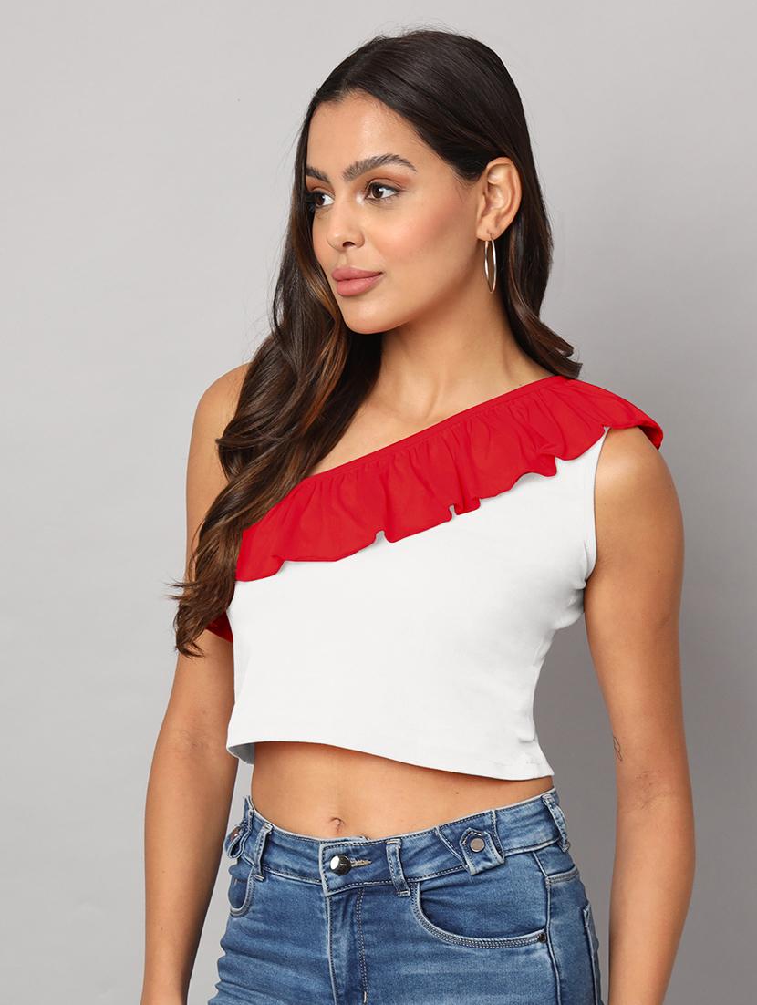 women color block single shoulder crop top - 21741234 - Standard Image - 1