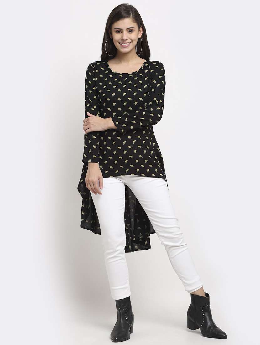 women printed long sleeves high low top