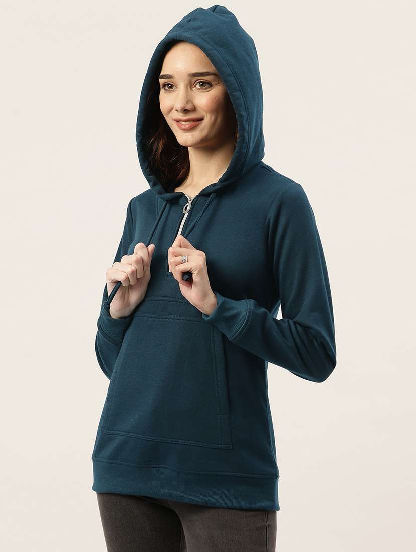 women solid long sleeves hooded sweatshirt - 21741352 -  Standard Image - 1
