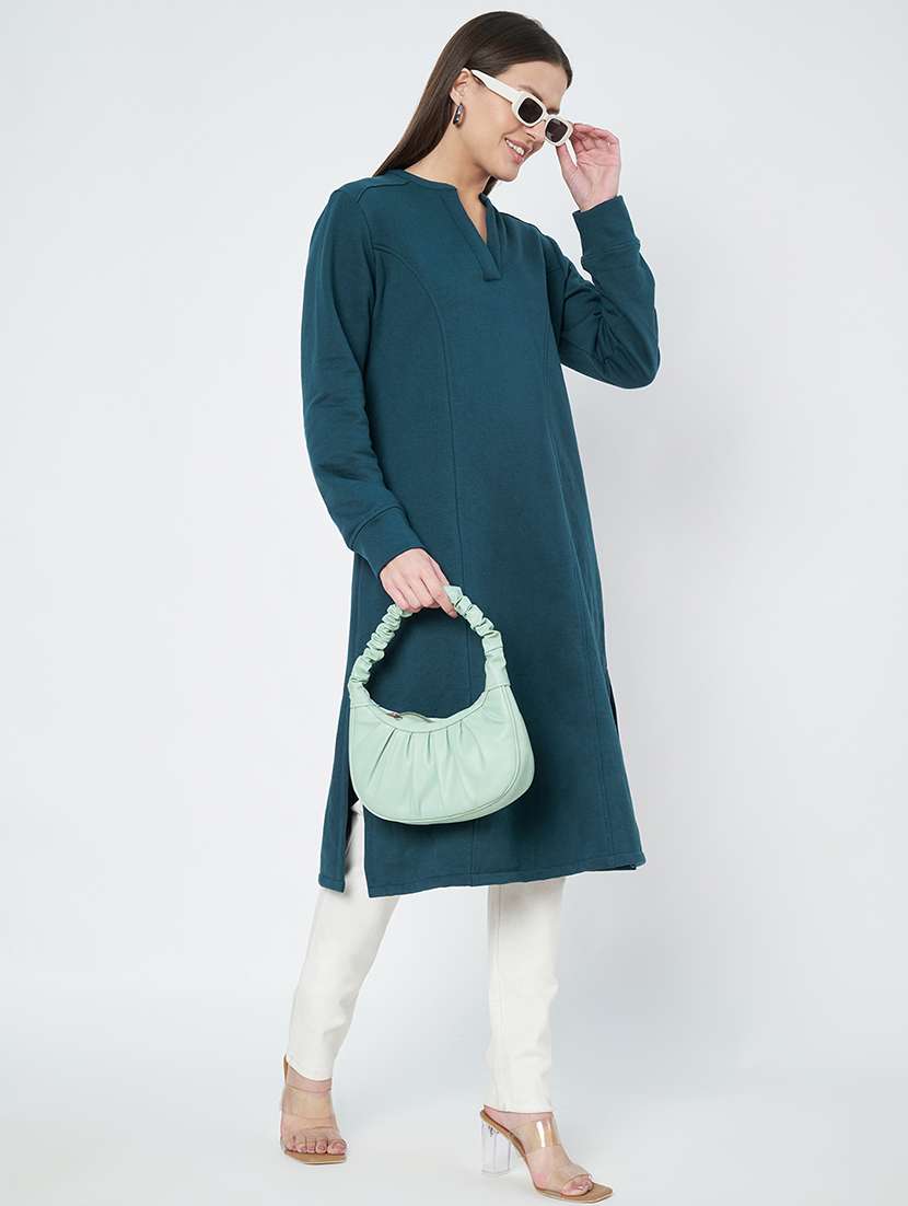 women solid long sleeves straight woolen kurta - 21741675 - Standard Image - 1