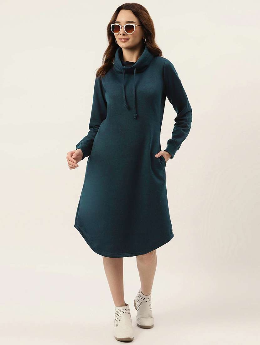 women solid high neck winter wear t-shirt dress - 21741684 - Standard Image - 1