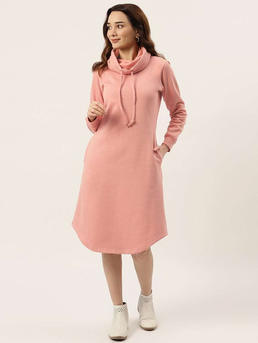 women solid high neck winter wear t-shirt dress