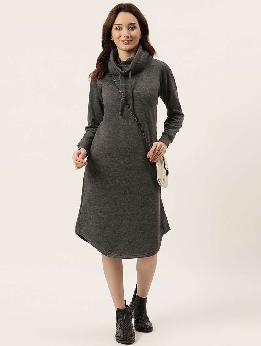 women solid long sleeves winter wear t-shirt dress