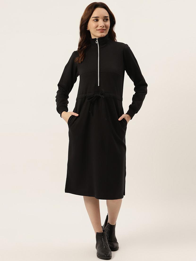 women solid long sleeves winter wear a-line dress - 21741705 - Standard Image - 1