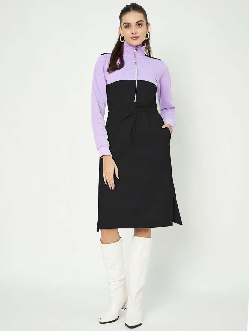 women color blocked high neck a-line dress - 21741713 - Standard Image - 1