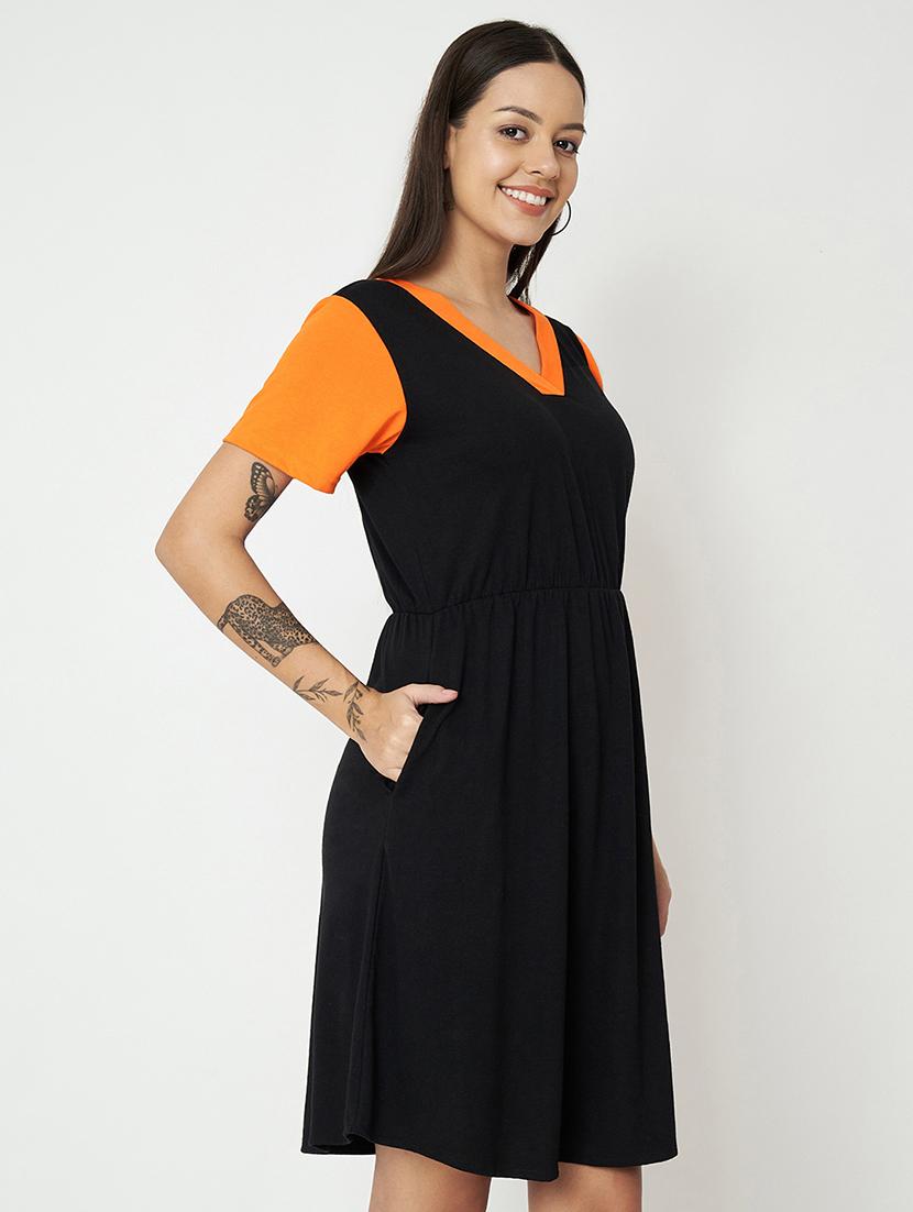 women color blocked short sleeves fit & flare dress - 21741731 - Zoom Image - 0
