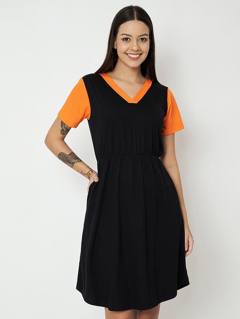 women color blocked short sleeves fit & flare dress - 21741731 - Standard Image - 1