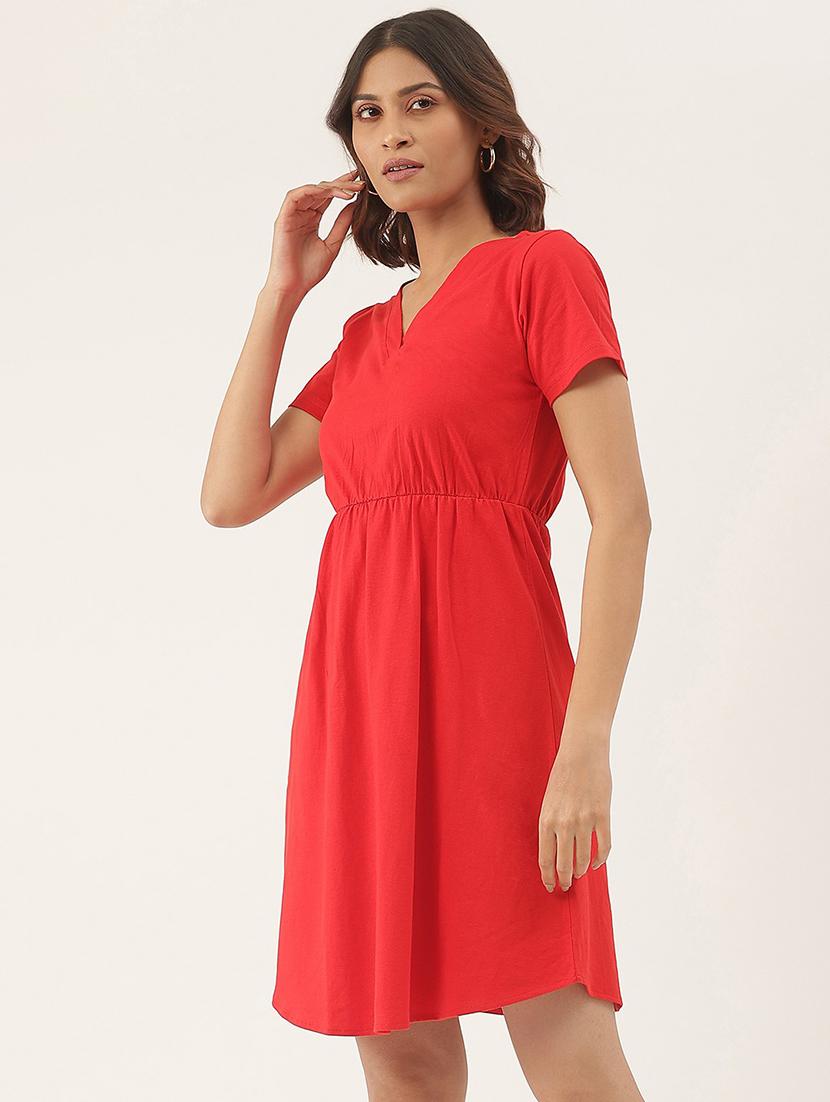 women solid short sleeves fit & flare dress - 21741777 - Standard Image - 1