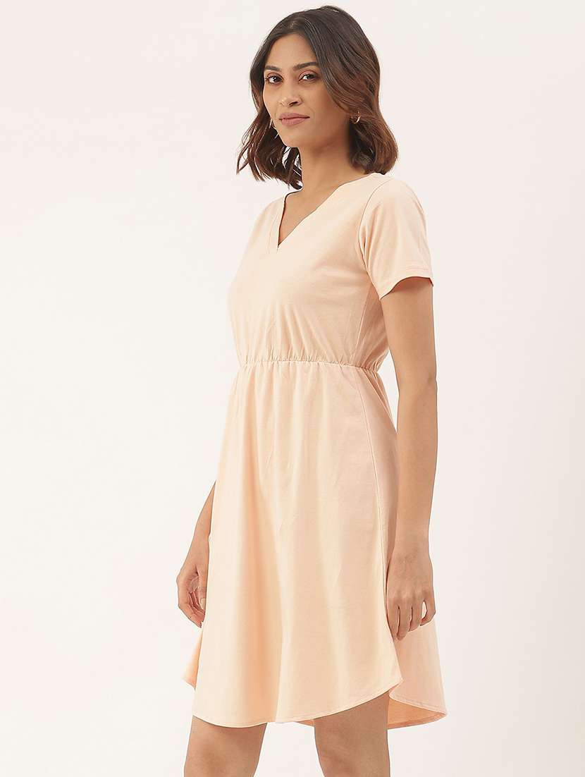 women solid short sleeves fit & flare dress