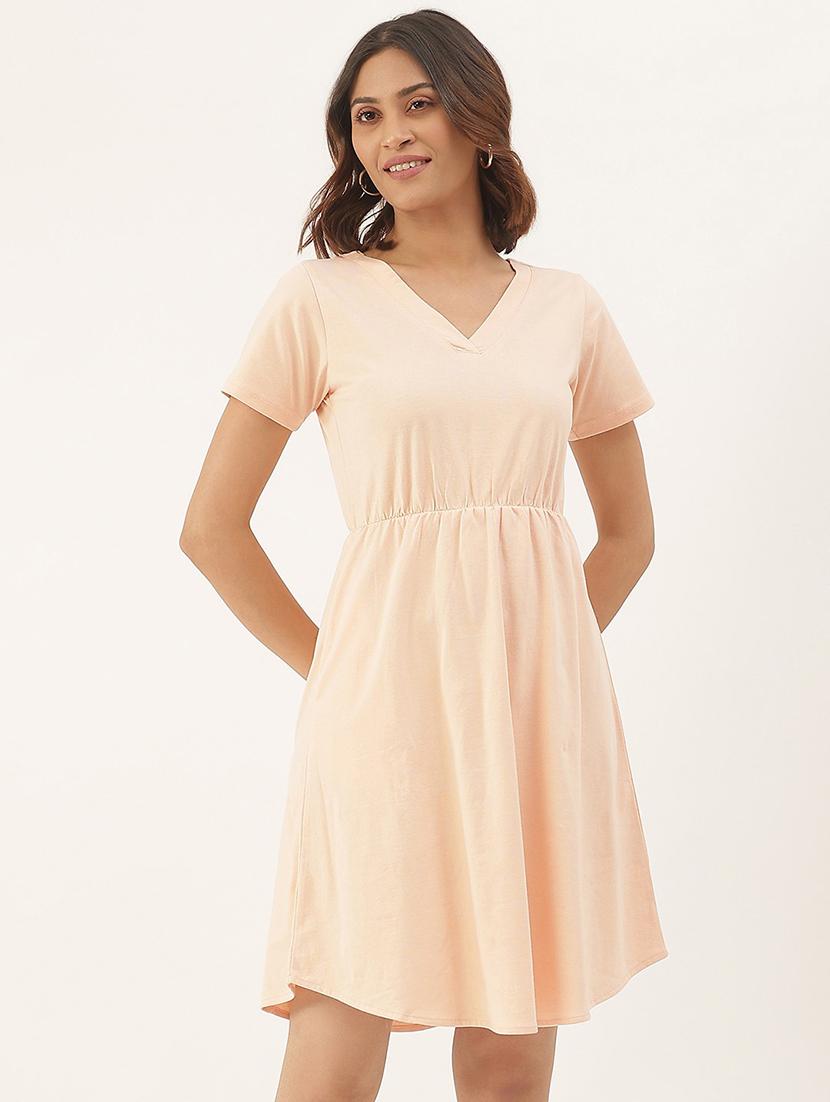 women solid short sleeves fit & flare dress - 21741778 - Standard Image - 1