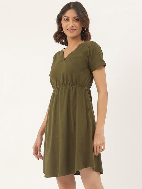women solid short sleeves fit & flare dress - 21741779 - Standard Image - 0