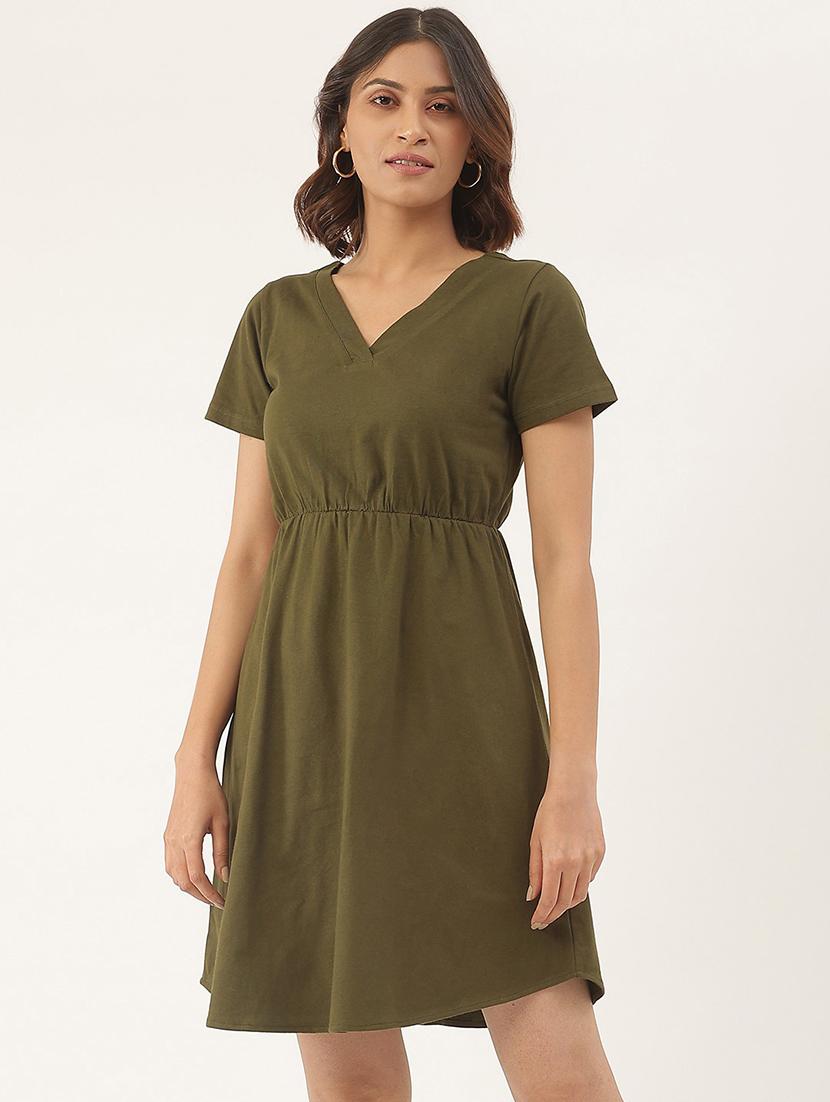women solid short sleeves fit & flare dress - 21741779 - Standard Image - 1
