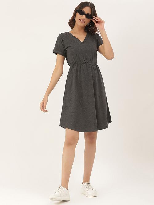 women solid short sleeves fit & flare dress - 21741781 - Standard Image - 0