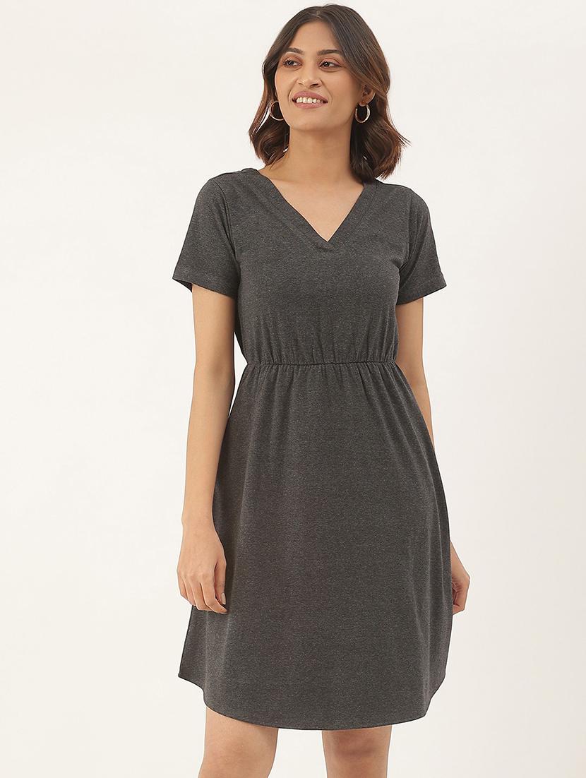 women solid short sleeves fit & flare dress - 21741781 - Standard Image - 1