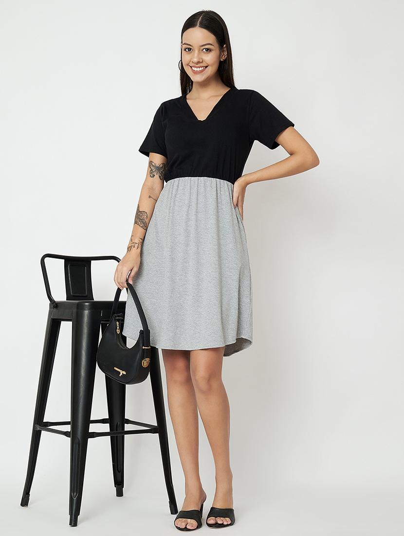 women color blocked short sleeves fit & flare dress - 21741783 - Standard Image - 4
