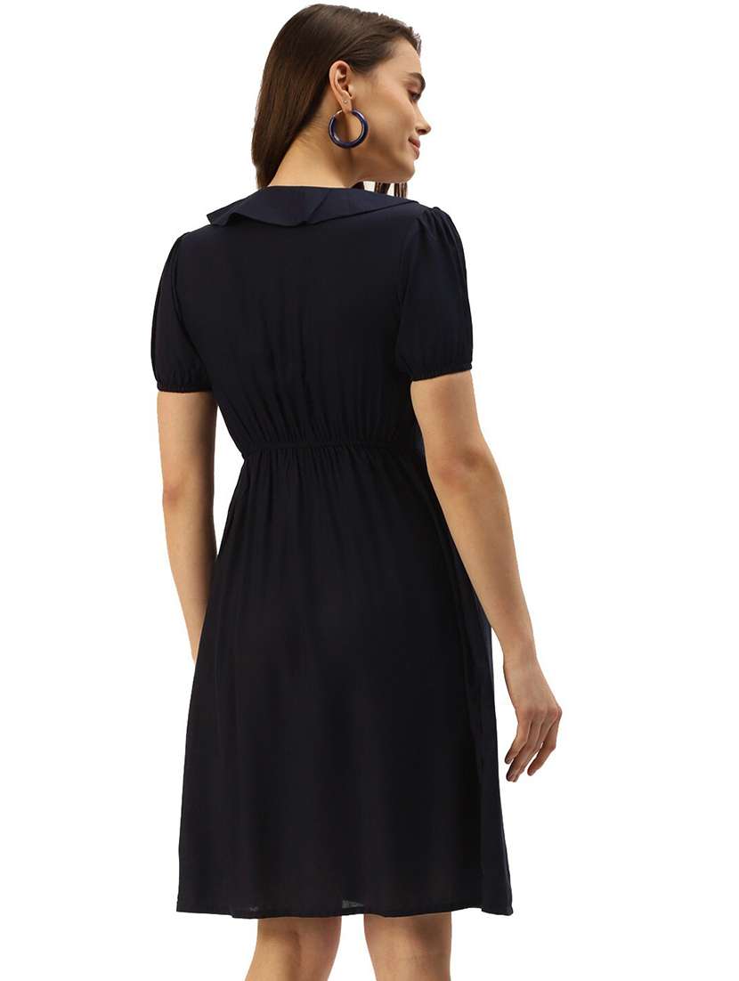 women solid peter pan puff sleeves a-line dress - 21741802 -  Standard Image - 1