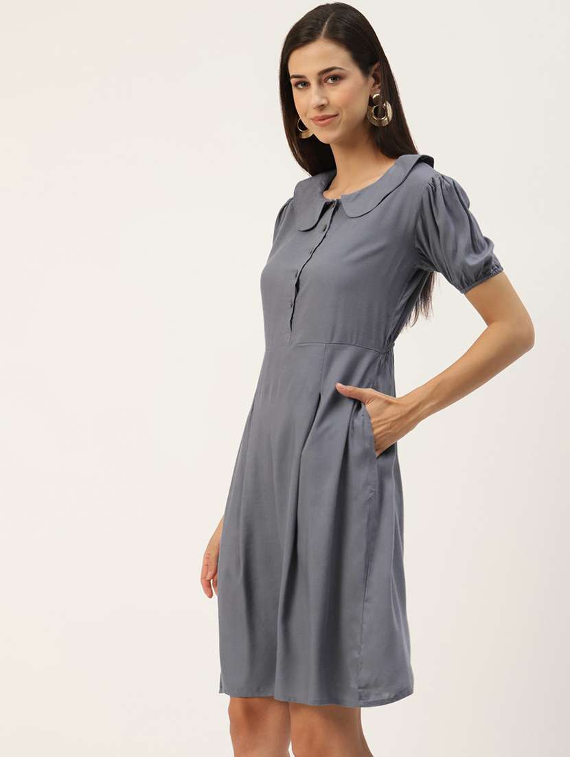 women solid puff sleeves a-line dress - 21741804 -  Standard Image - 1