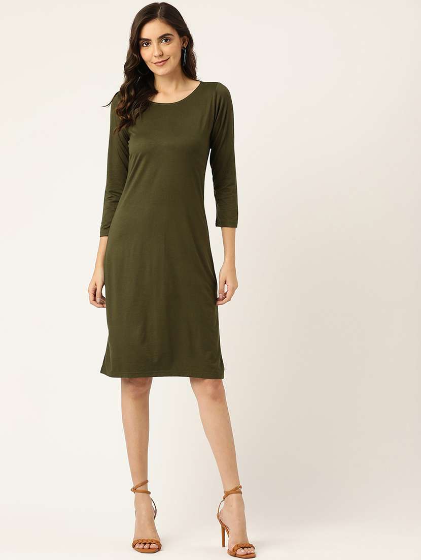 women solid round neck a-line dress