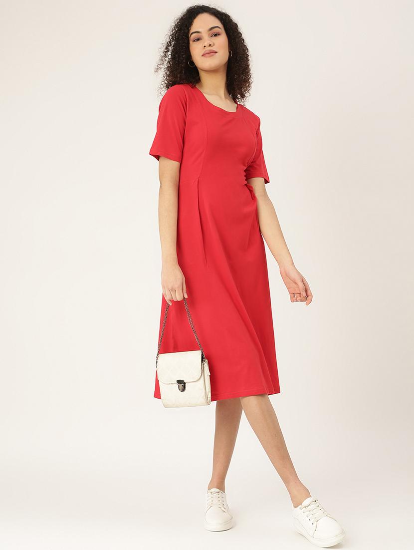 women solid round neck a-line dress - 21741809 - Standard Image - 1