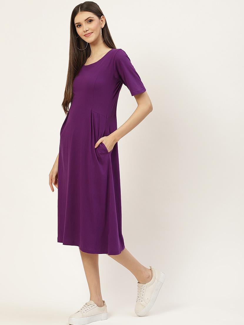 women solid round neck a-line dress - 21741810 - Standard Image - 1