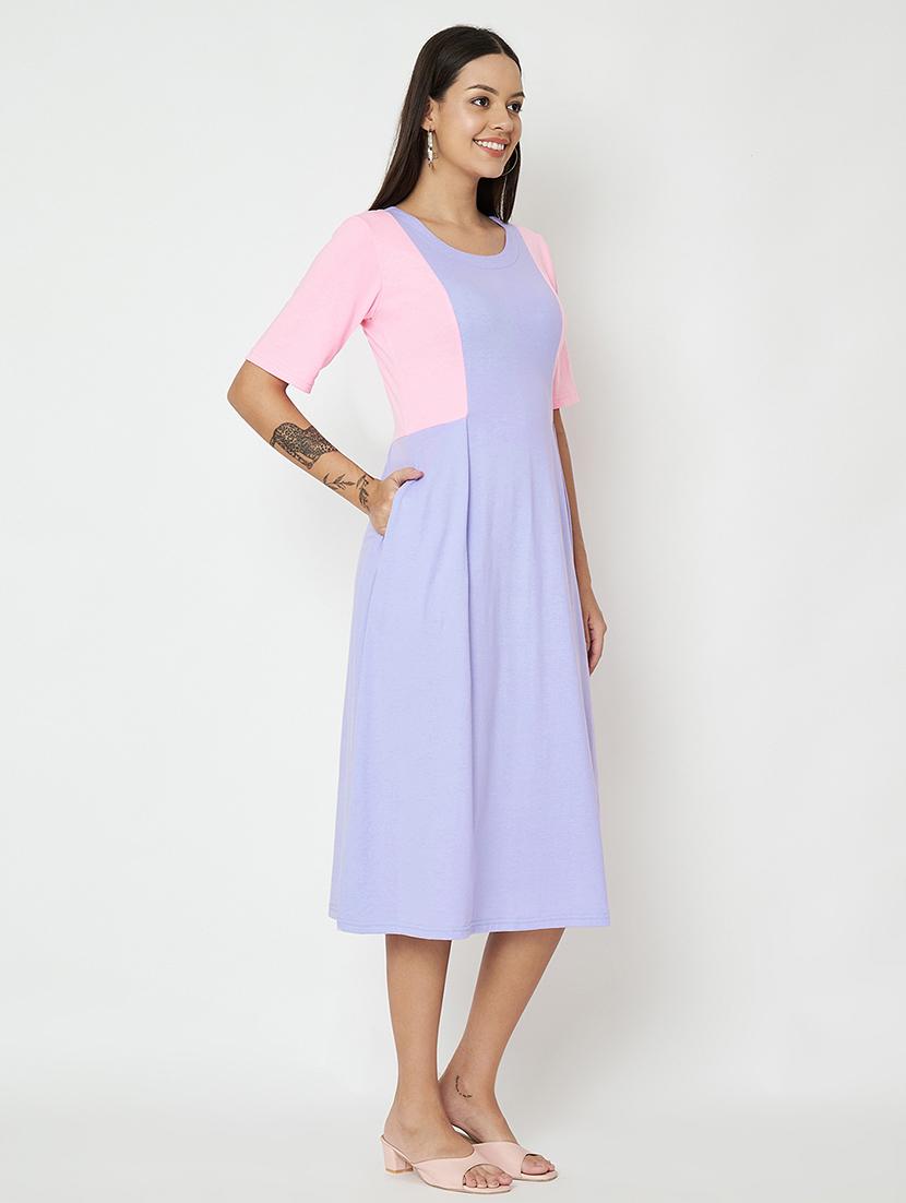 women color blocked round neck a-line dress - 21741814 - Standard Image - 1