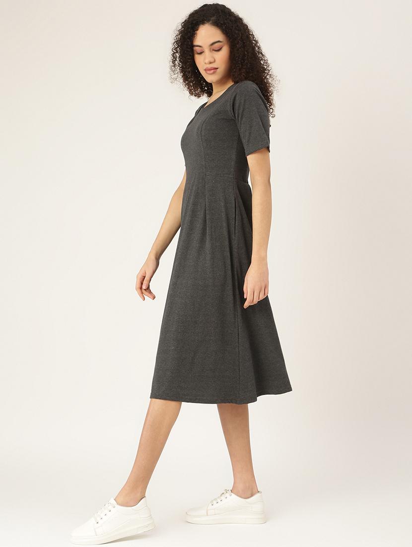 women solid round neck a-line dress - 21741816 -  Standard Image - 1