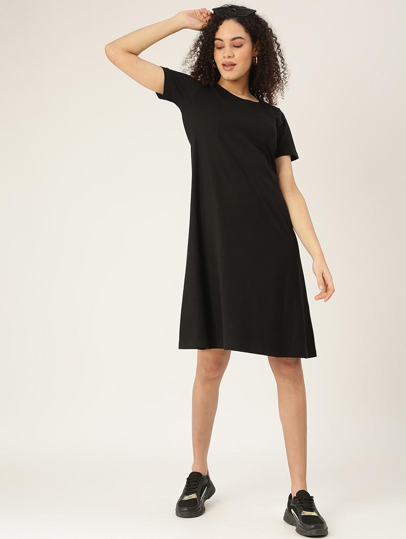 women solid round neck a-line dress - 21741817 - Standard Image - 1
