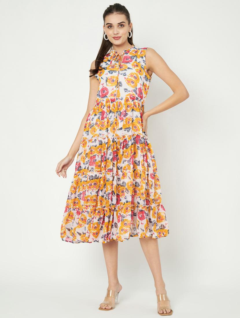 women printed tie up neck tiered dress - 21741822 -  Zoom Image - 0
