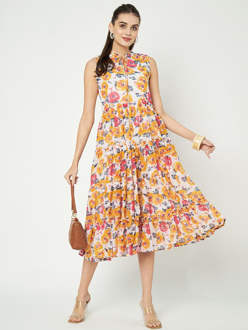 women printed tie up neck tiered dress - 21741822 -  Standard Image - 1