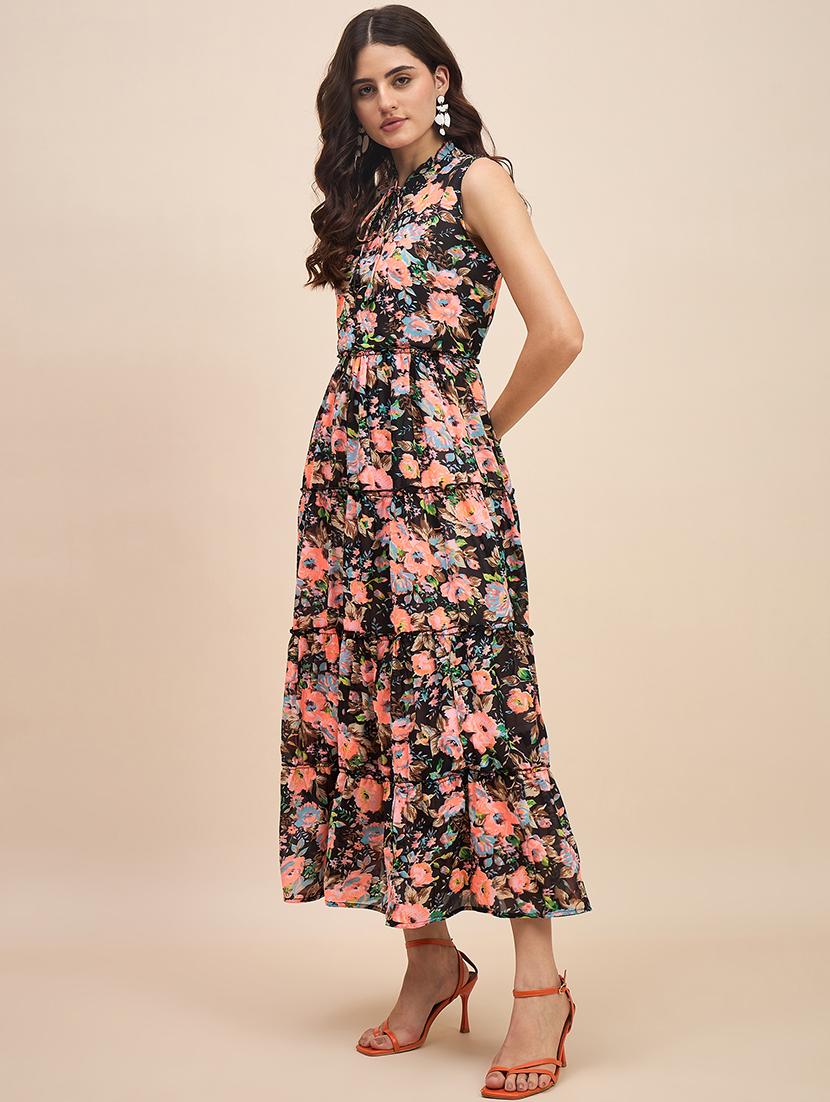 women printed tie up neck tiered dress - 21741824 -  Standard Image - 1