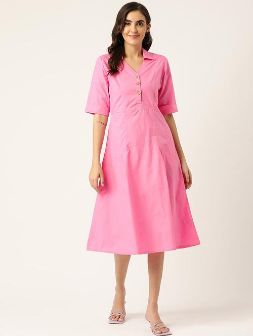 women solid eblow sleeves collared a-line dress - 21741834 - Standard Image - 0