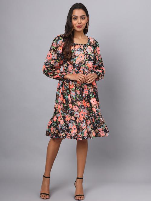 women floral print puff sleeves tired dress - 21741851 - Standard Image - 0