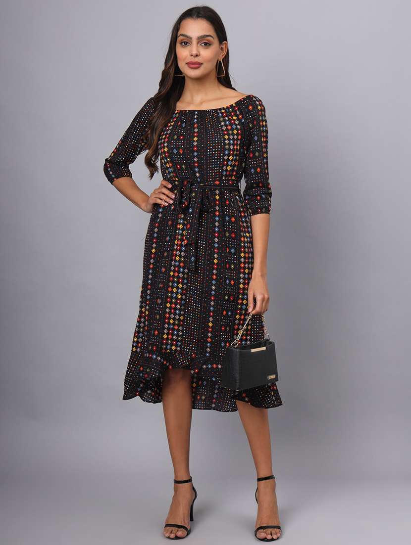 women printed boat neck asymmetric dress - 21741856 -  Standard Image - 1