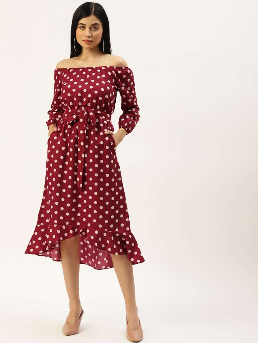 women polka doted off shoulder high low dress
