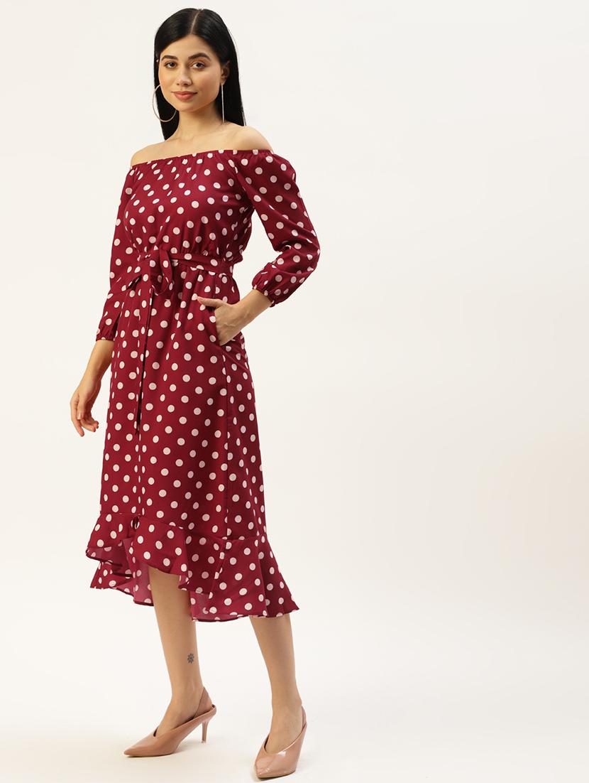women polka doted off shoulder high low dress - 21741869 - Standard Image - 1