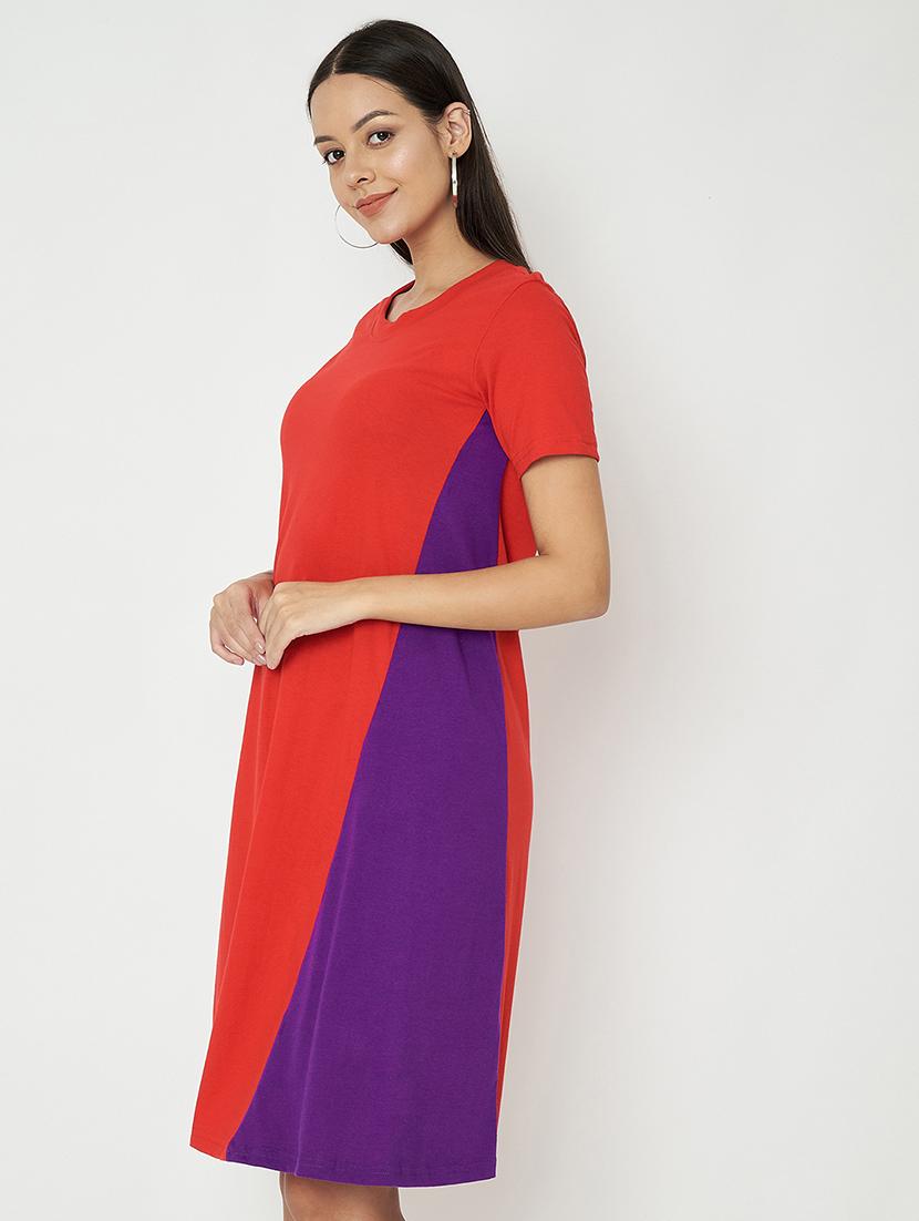 women color blocked round neck a-line dress - 21741876 - Standard Image - 1
