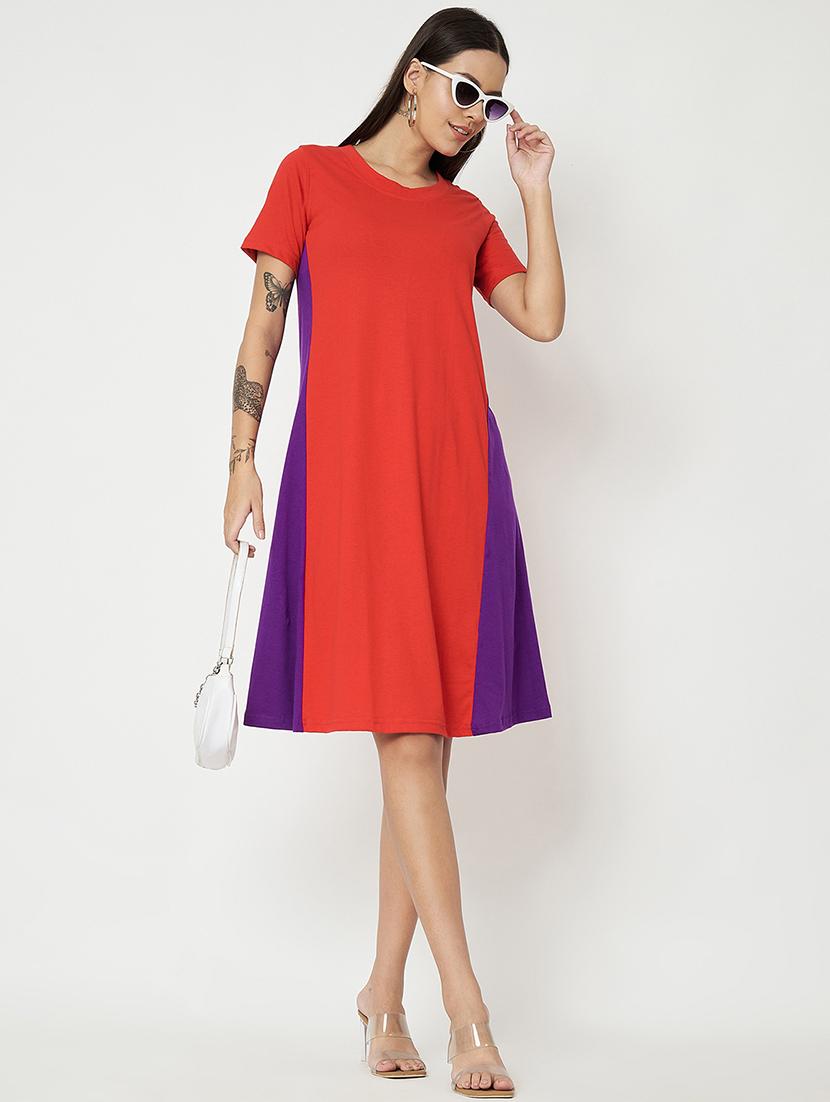 women color blocked round neck a-line dress - 21741876 - Standard Image - 4
