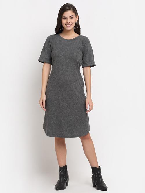 women solid round neck a-line dress - 21741898 - Standard Image - 0