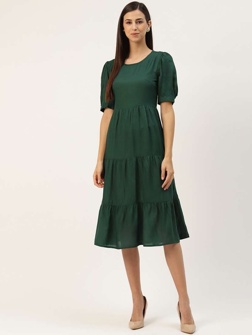 women solid puff sleeves tiered dress