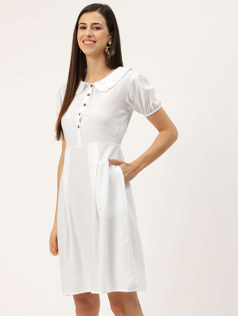 women solid puff sleeves a-line dress - 21741939 -  Standard Image - 1