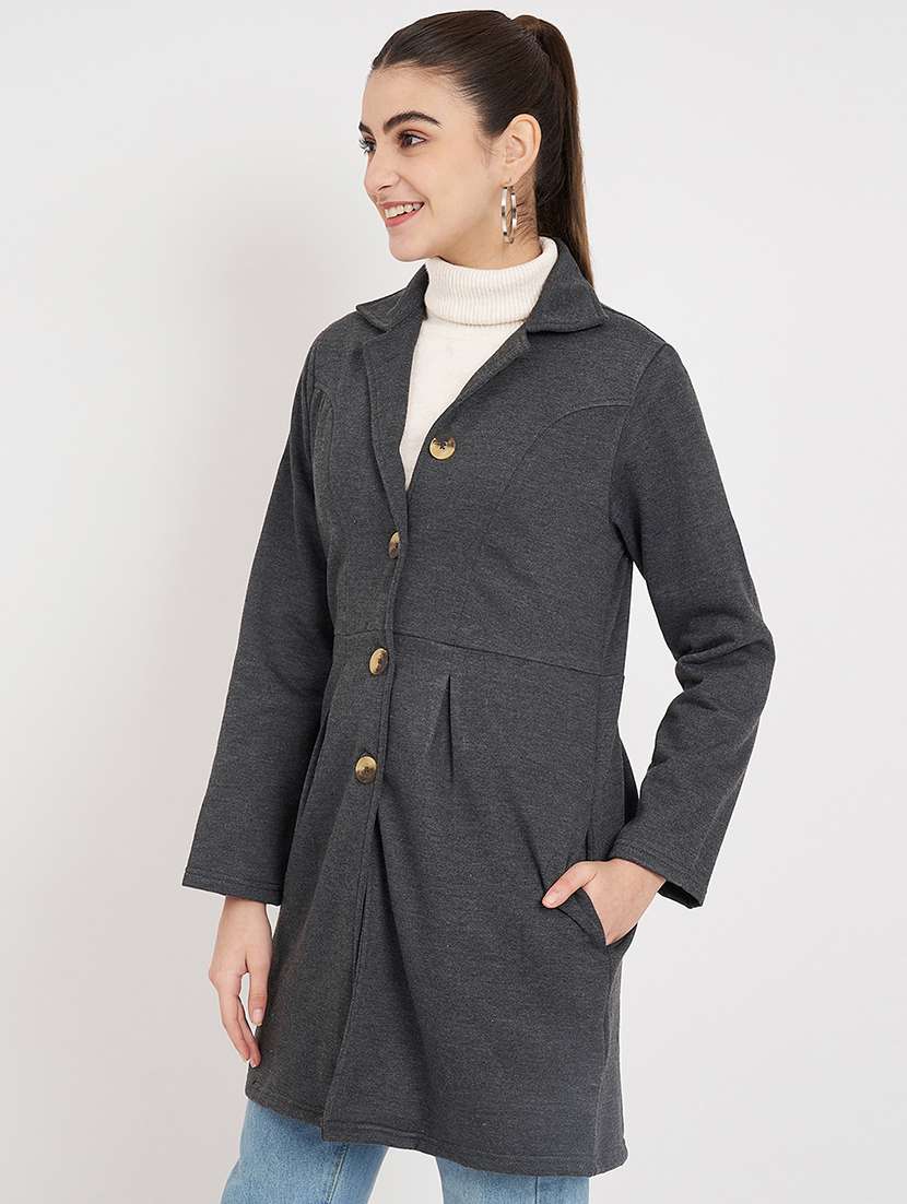 women solid long sleeves regular coat - 21741988 -  Standard Image - 1