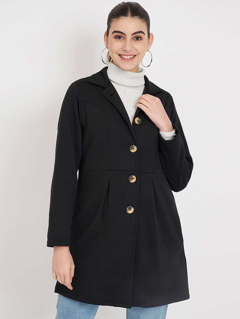 women solid long sleeves regular coat
