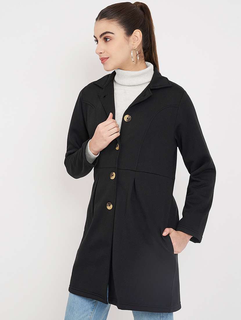women solid long sleeves regular coat - 21741990 -  Standard Image - 1