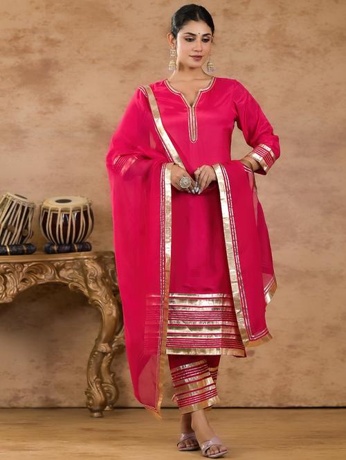 women pink gota work kurt pant set with dupatta - 21742061 - Standard Image - 0