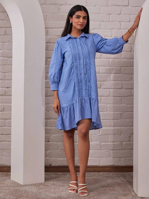 women solid shirt collar neck tiered dress - 21742129 - Standard Image - 0