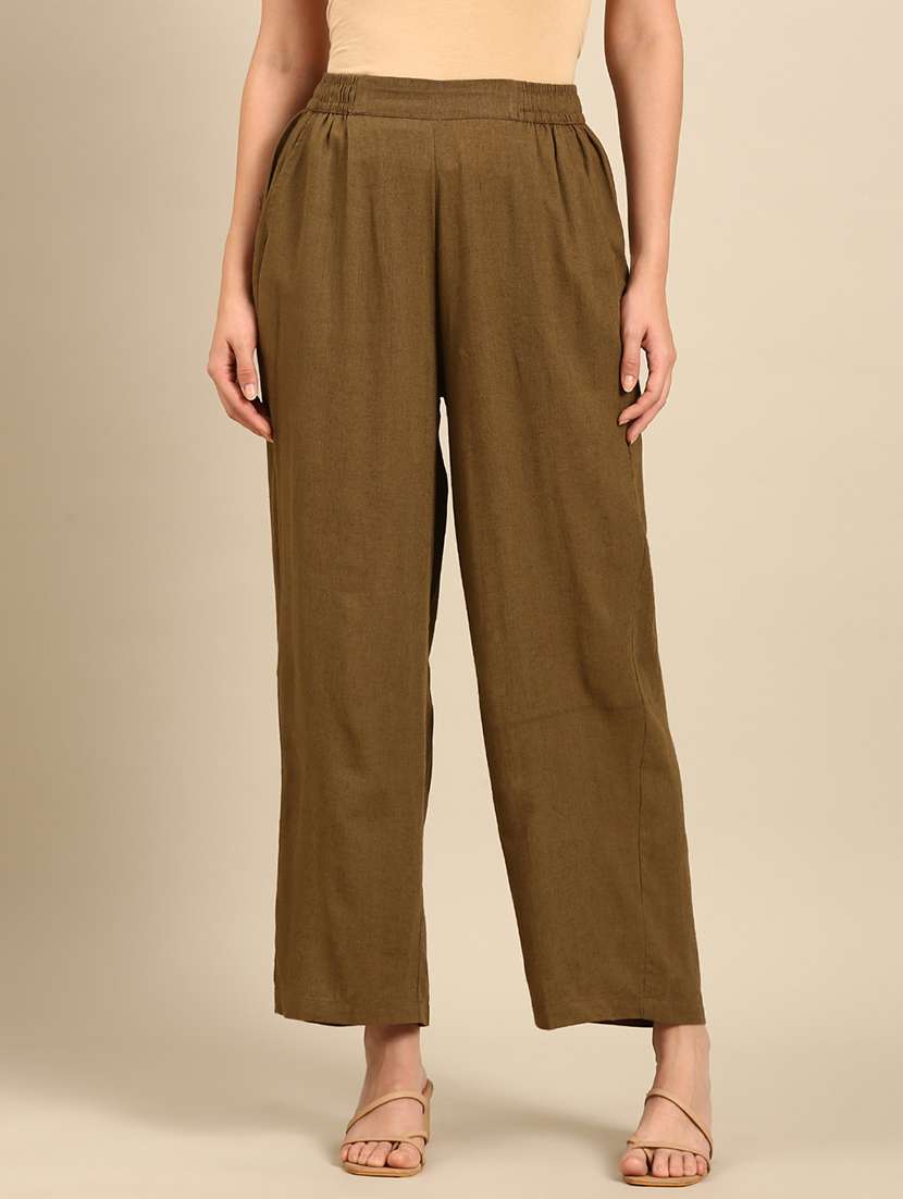 women solid high rise straight trouser